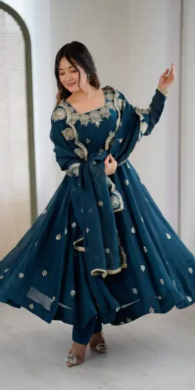 ZF 5011 Teal Crunchy Silk Gown with Embroidery Work. Wedding, Party, Festive, Events Best Price ₹2099. Delivery 4-6 Working Days. Shop now. | Bollywood Gowns, Creative Gowns, Designer Gowns, Embroidered Gowns, Gowns, Party Wear Gowns