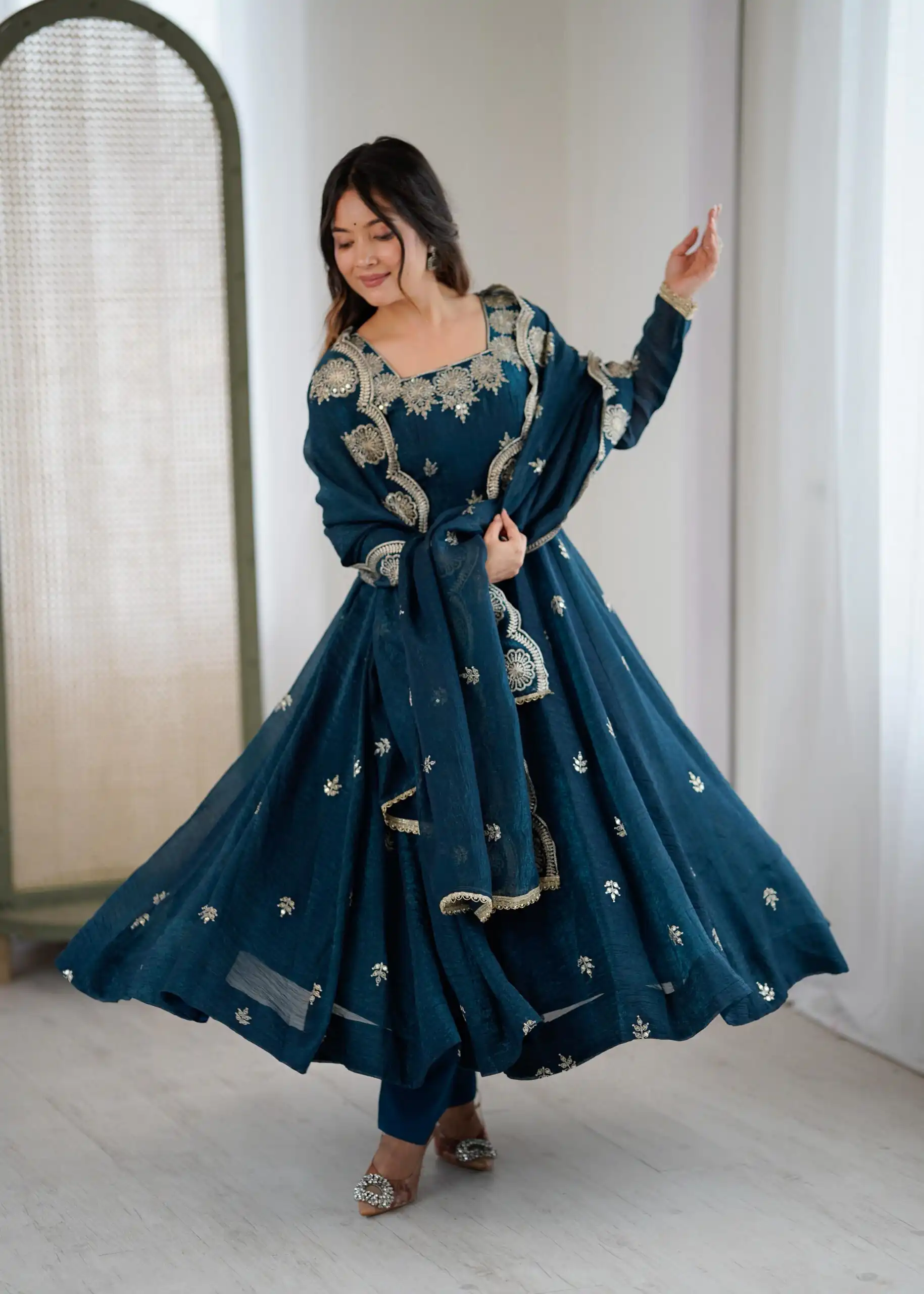 ZF 5011 Teal Crunchy Silk Gown with Embroidery Work. Wedding, Party, Festive, Events Best Price ₹2099. Delivery 4-6 Working Days. Shop now. | Bollywood Gowns, Creative Gowns, Designer Gowns, Embroidered Gowns, Gowns, Party Wear Gowns