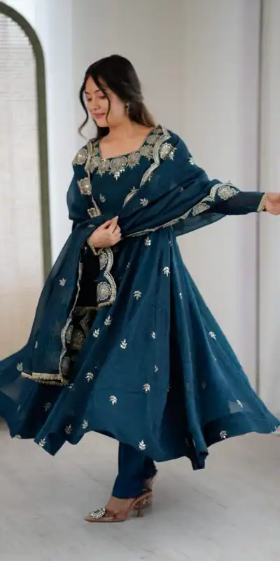 ZF 5011 Teal Crunchy Silk Gown with Embroidery Work. Wedding, Party, Festive, Events Best Price ₹2099. Delivery 4-6 Working Days. Shop now. | Bollywood Gowns, Creative Gowns, Designer Gowns, Embroidered Gowns, Gowns, Party Wear Gowns