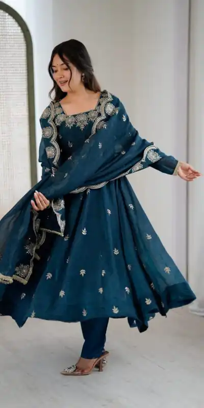 ZF 5011 Teal Crunchy Silk Gown with Embroidery Work. Wedding, Party, Festive, Events Best Price ₹2099. Delivery 4-6 Working Days. Shop now. | Bollywood Gowns, Creative Gowns, Designer Gowns, Embroidered Gowns, Gowns, Party Wear Gowns
