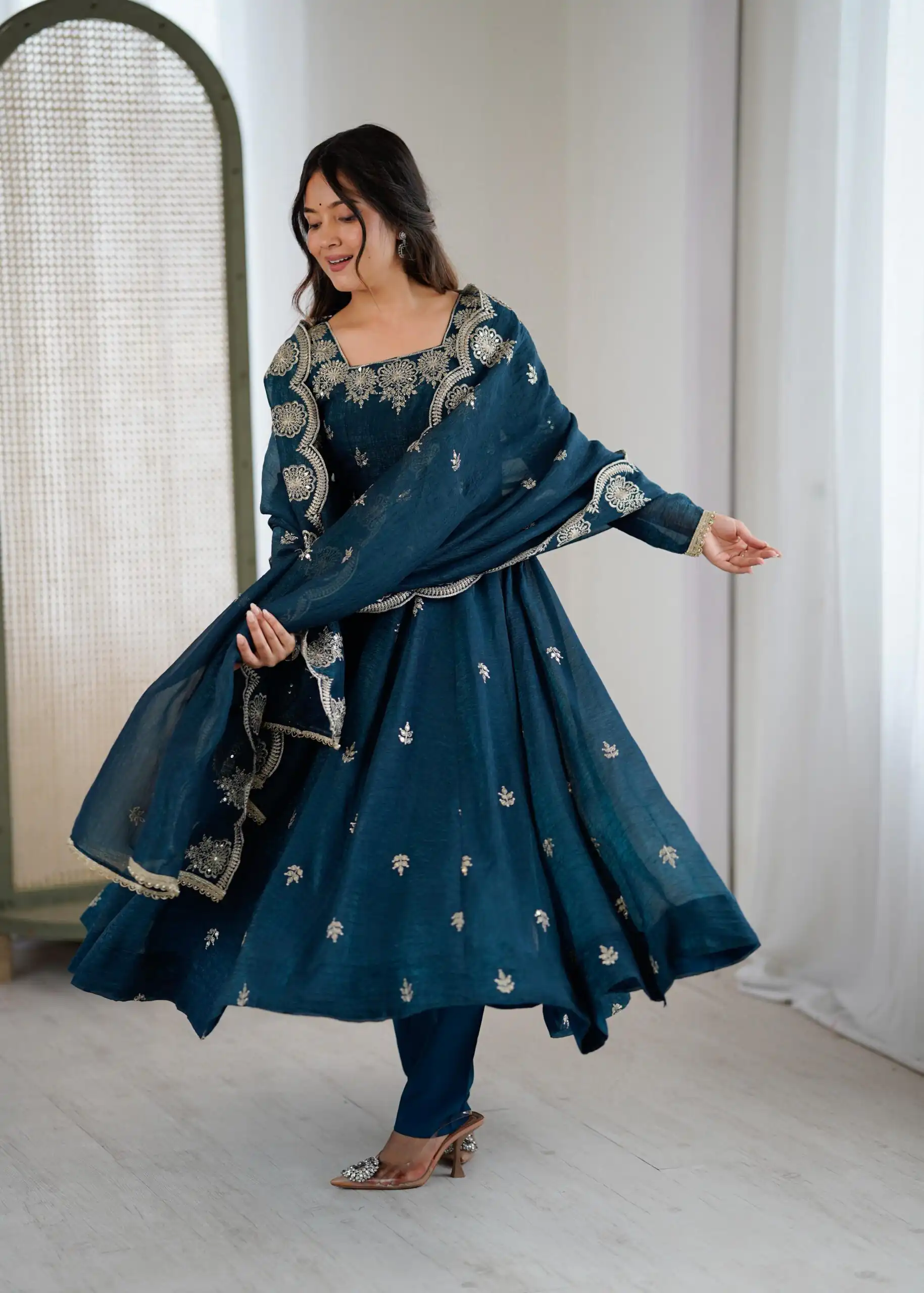 ZF 5011 Teal Crunchy Silk Gown with Embroidery Work. Wedding, Party, Festive, Events Best Price ₹2099. Delivery 4-6 Working Days. Shop now. | Bollywood Gowns, Creative Gowns, Designer Gowns, Embroidered Gowns, Gowns, Party Wear Gowns