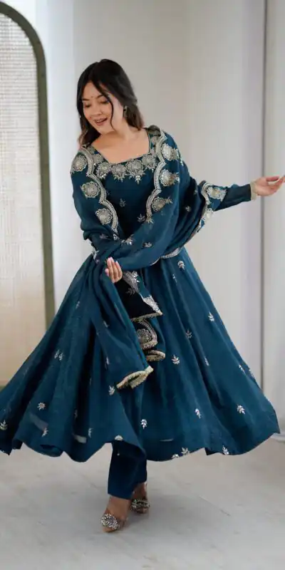 ZF 5011 Teal Crunchy Silk Gown with Embroidery Work. Wedding, Party, Festive, Events Best Price ₹2099. Delivery 4-6 Working Days. Shop now. | Bollywood Gowns, Creative Gowns, Designer Gowns, Embroidered Gowns, Gowns, Party Wear Gowns