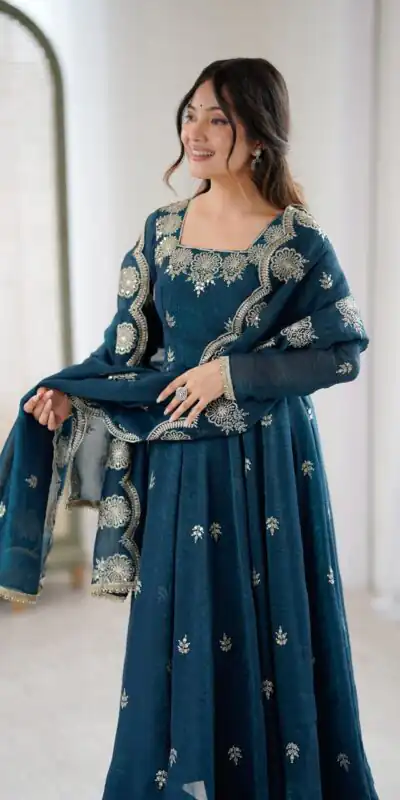 ZF 5011 Teal Crunchy Silk Gown with Embroidery Work. Wedding, Party, Festive, Events Best Price ₹2099. Delivery 4-6 Working Days. Shop now. | Bollywood Gowns, Creative Gowns, Designer Gowns, Embroidered Gowns, Gowns, Party Wear Gowns