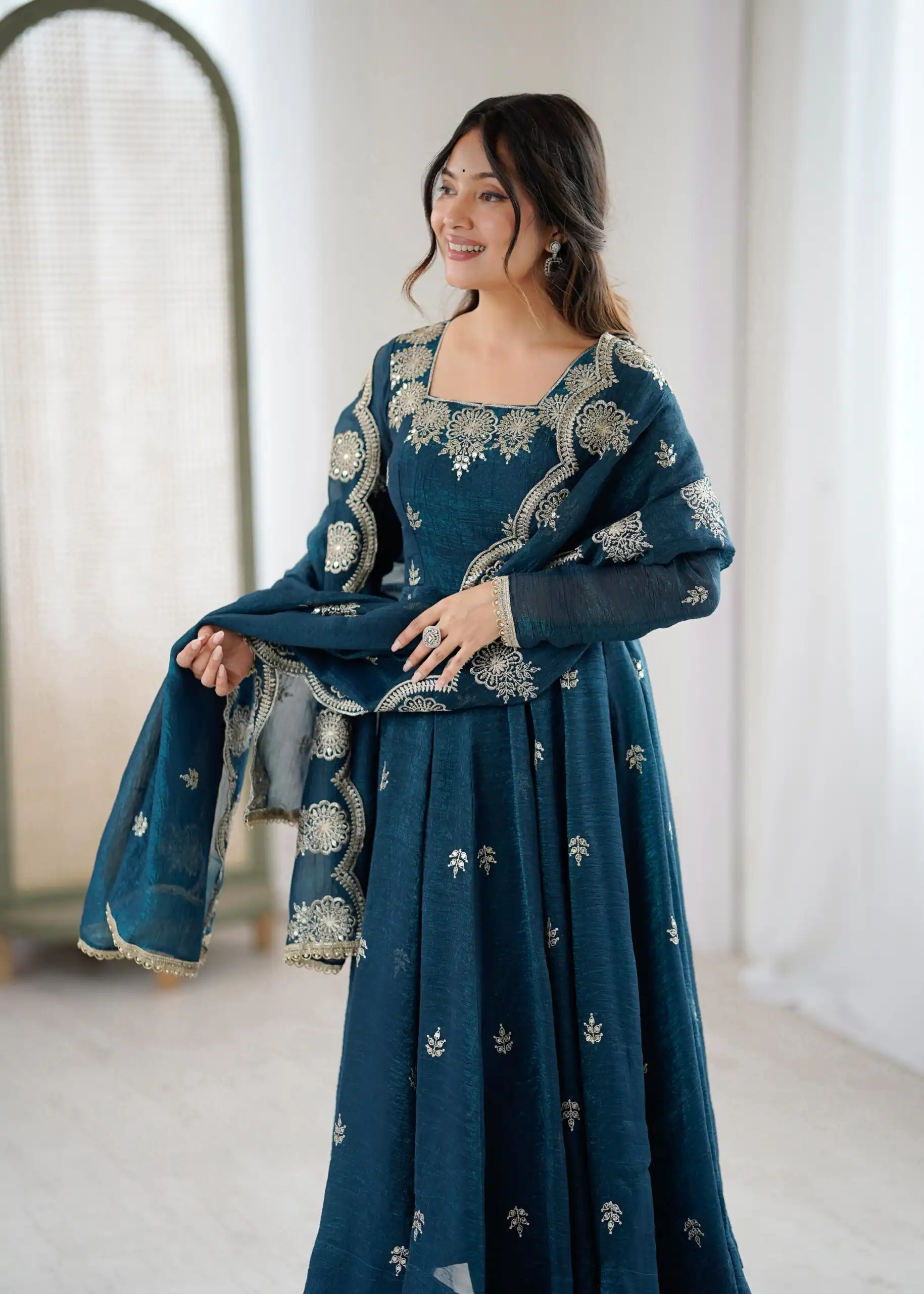ZF 5011 Teal Crunchy Silk Gown with Embroidery Work. Wedding, Party, Festive, Events Best Price ₹2099. Delivery 4-6 Working Days. Shop now. | Bollywood Gowns, Creative Gowns, Designer Gowns, Embroidered Gowns, Gowns, Party Wear Gowns