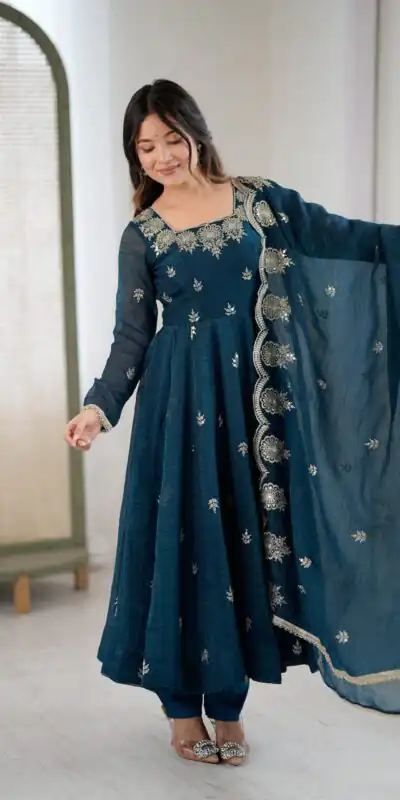 ZF 5011 Teal Crunchy Silk Gown with Embroidery Work. Wedding, Party, Festive, Events Best Price ₹2099. Delivery 4-6 Working Days. Shop now. | Bollywood Gowns, Creative Gowns, Designer Gowns, Embroidered Gowns, Gowns, Party Wear Gowns