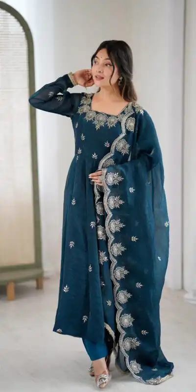 ZF 5011 Teal Crunchy Silk Gown with Embroidery Work. Wedding, Party, Festive, Events Best Price ₹2099. Delivery 4-6 Working Days. Shop now. | Bollywood Gowns, Creative Gowns, Designer Gowns, Embroidered Gowns, Gowns, Party Wear Gowns