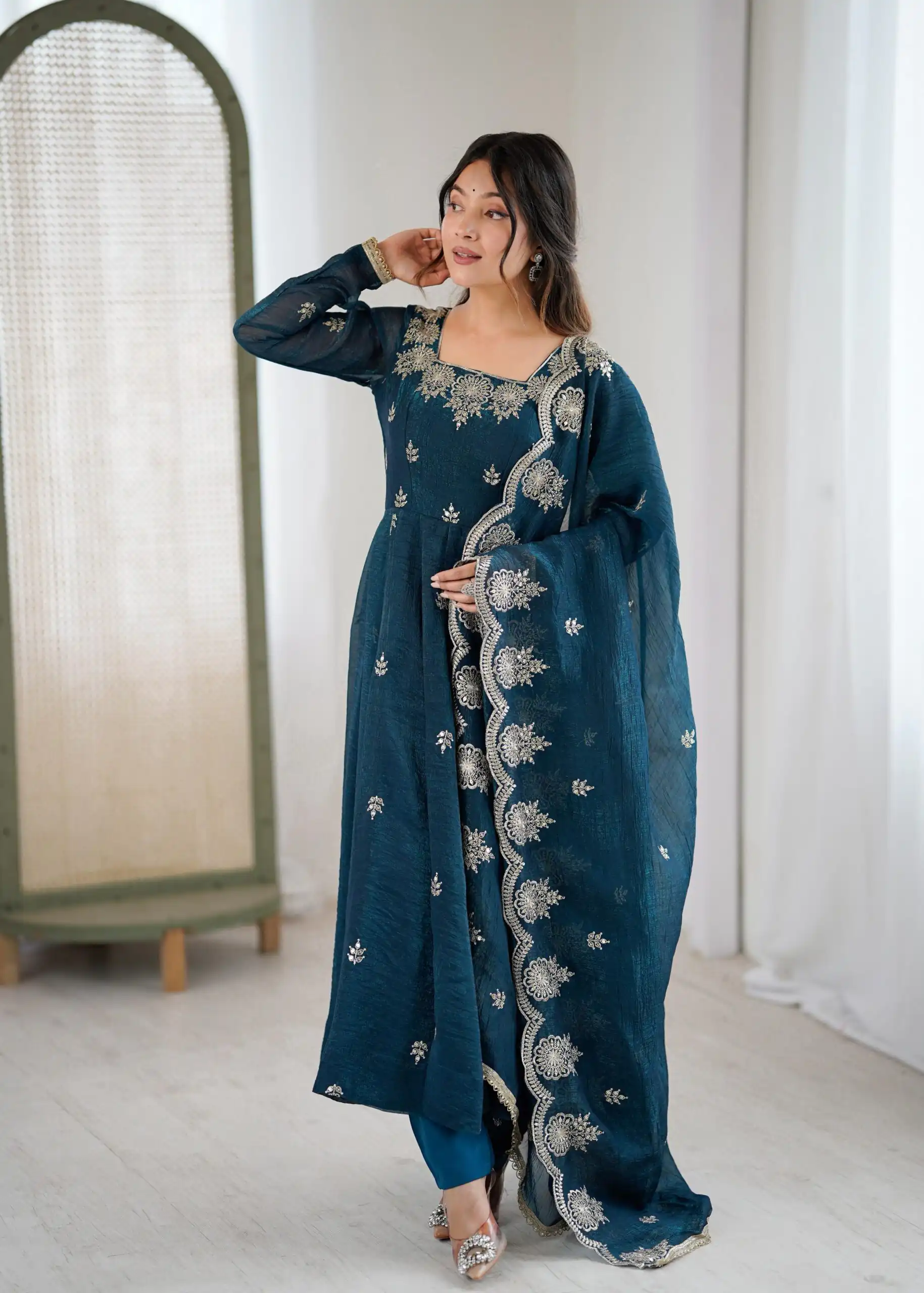 ZF 5011 Teal Crunchy Silk Gown with Embroidery Work. Wedding, Party, Festive, Events Best Price ₹2099. Delivery 4-6 Working Days. Shop now. | Bollywood Gowns, Creative Gowns, Designer Gowns, Embroidered Gowns, Gowns, Party Wear Gowns