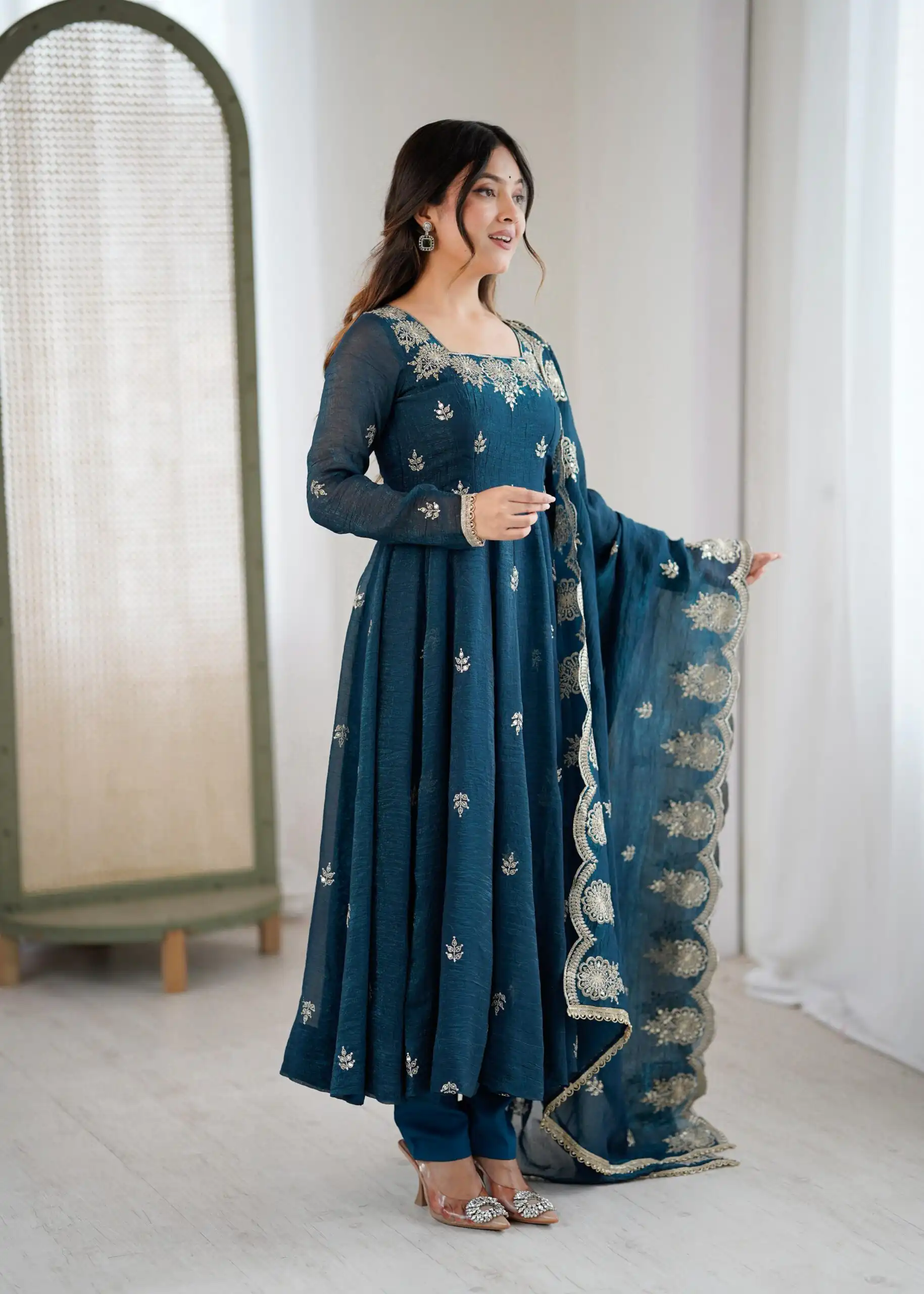 ZF 5011 Teal Crunchy Silk Gown with Embroidery Work. Wedding, Party, Festive, Events Best Price ₹2099. Delivery 4-6 Working Days. Shop now. | Bollywood Gowns, Creative Gowns, Designer Gowns, Embroidered Gowns, Gowns, Party Wear Gowns