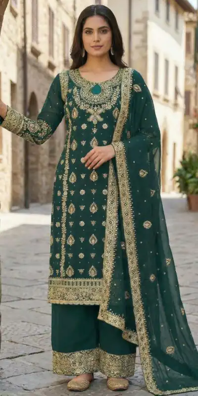 SRK 5231 Teal Color Pure Chinnon Silk With Embroidery Sequence Work Salwar Suit Casual, Wedding, Party, Festive, Events Etc.4-6 Working Days@ 2699/-only | Casual Suits, Jump Suits, Creative suits, Designer Suits, Palazzo Suits, Party Wear Suits, Patiala Suits, Salwar suit, Straight Suits