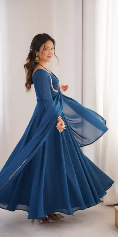 KB 291 Teal Color Fox Blooming Georgette Gown with Lace Work. Affordable Price ₹1899. Delivery 4-6 Working Days. Shop now. | Bollywood Gowns, Creative Gowns, Designer Gowns, Embroidered Gowns, Gowns, Party Wear Gowns