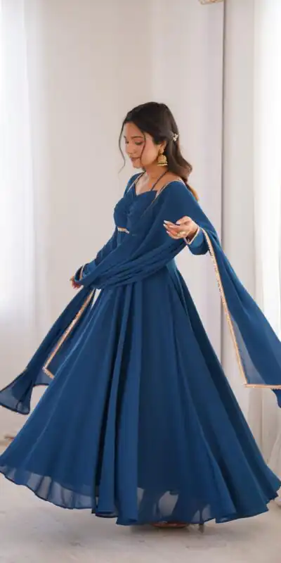 KB 291 Teal Color Fox Blooming Georgette Gown with Lace Work. Affordable Price ₹1899. Delivery 4-6 Working Days. Shop now. | Bollywood Gowns, Creative Gowns, Designer Gowns, Embroidered Gowns, Gowns, Party Wear Gowns