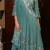 KT 190 Teal in Georgette. Mirror Work & Lace Work Gown Wedding, Party, Festive, Events, Now at just ₹1949. Delivery 4-6 Working Days. Shop now. | Bollywood Gowns, Creative Gowns, Designer Gowns, Embroidered Gowns, Gowns, Party Wear Gowns