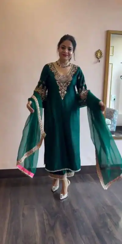 ST 170 Teal Green Cowrie Work & Embroidery Work Salwar Suit in Wine Vichitra Silk. Grab it for ₹2049. Delivery 4-6 Working Days. Shop now. | Casual Suits, Jump Suits, Creative suits, Designer Suits, Palazzo Suits, Party Wear Suits, Patiala Suits, Salwar suit, Straight Suits