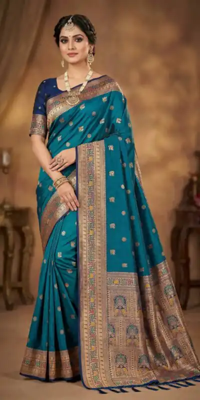 MB 18 Teal in Color Meenakari Zari Work & Lace Work Saree work. Exclusive Offer ₹2399. Delivery 4-6 Working Days. Shop now. | Creative Sarees, Bollywood Sarees, Designer Sarees, Embroidered Sarees, Ethnic Saree, Modern Digital sarees, Party Wear Sarees, Sarees