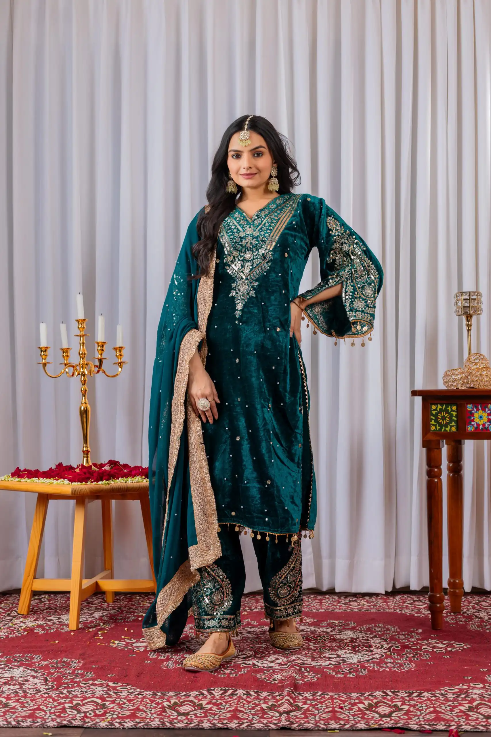 AD 134 Teal Color Heavy Pure Viscose Velvet Embroidery Sharara Suit Wedding, Party, Festive, Events Etc. Expected Delivery  4-6 Working Days @2099/- | Casual Suits, Jump Suits, Creative suits, Designer Suits, Palazzo Suits, Party Wear Suits, Patiala Suits, Salwar suit, Straight Suits