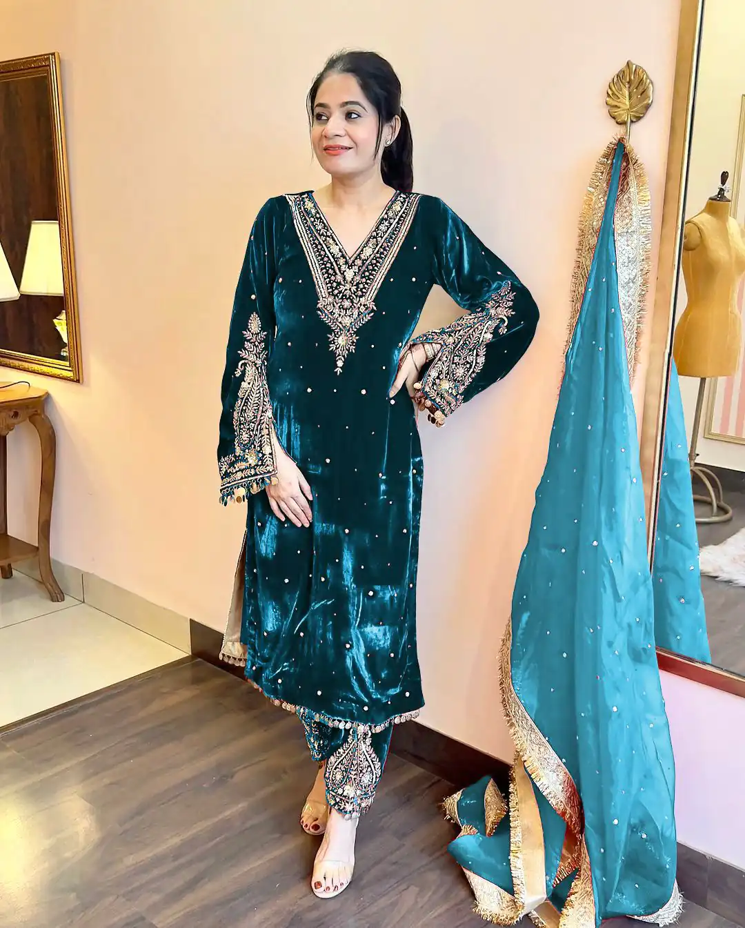 AD 134 Teal Color Heavy Pure Viscose Velvet Embroidery Sharara Suit Wedding, Party, Festive, Events Etc. Expected Delivery  4-6 Working Days @2099/- | Casual Suits, Jump Suits, Creative suits, Designer Suits, Palazzo Suits, Party Wear Suits, Patiala Suits, Salwar suit, Straight Suits