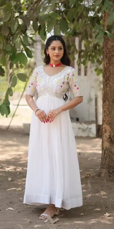 KA 1110 White Faux Blooming Gown Perfect for Wedding, Party, Holi, Lohri, Baby Shower – . Introductory Price ₹1649. Delivery 4-6 Working Days. Shop no | Bollywood Gowns, Creative Gowns, Designer Gowns, Embroidered Gowns, Gowns, Party Wear Gowns