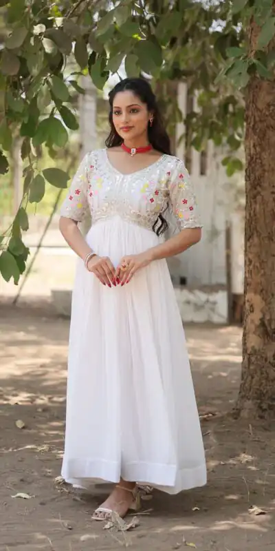 KA 1110 White Faux Blooming Gown Perfect for Wedding, Party, Holi, Lohri, Baby Shower – . Introductory Price ₹1649. Delivery 4-6 Working Days. Shop no | Bollywood Gowns, Creative Gowns, Designer Gowns, Embroidered Gowns, Gowns, Party Wear Gowns