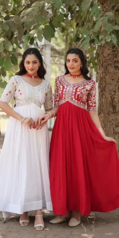 KA 1110 White Faux Blooming Gown Perfect for Wedding, Party, Holi, Lohri, Baby Shower – . Introductory Price ₹1649. Delivery 4-6 Working Days. Shop no | Bollywood Gowns, Creative Gowns, Designer Gowns, Embroidered Gowns, Gowns, Party Wear Gowns
