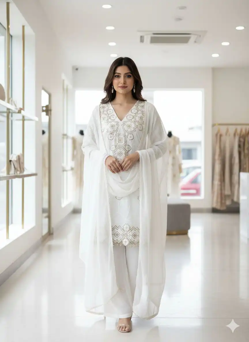 LG 2063 White Faux Georgette Salwar Suit with Sequins Work & Embroidery Work. Introductory Price ₹2149. Delivery 4-6 Working Days. Shop now. | Casual Suits, Jump Suits, Creative suits, Designer Suits, Palazzo Suits, Party Wear Suits, Patiala Suits, Salwar suit, Straight Suits