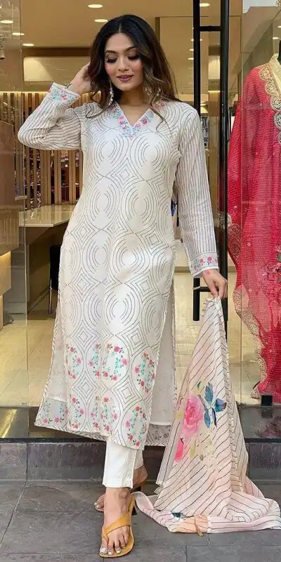 DC G21 White in Maslin Digital Print Salwar Suit . Wedding, Party, Festive, Events, Introductory Price ₹1699. Delivery 4-6 Working Days. Shop now. | Casual Suits, Jump Suits, Creative suits, Designer Suits, Palazzo Suits, Party Wear Suits, Patiala Suits, Salwar suit, Straight Suits
