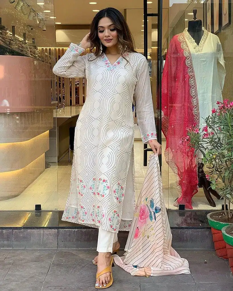 DC G21 White in Maslin Digital Print Salwar Suit . Wedding, Party, Festive, Events, Introductory Price ₹1699. Delivery 4-6 Working Days. Shop now. | Casual Suits, Jump Suits, Creative suits, Designer Suits, Palazzo Suits, Party Wear Suits, Patiala Suits, Salwar suit, Straight Suits