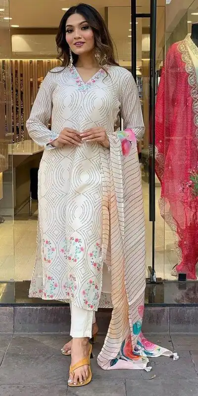 DC G21 White in Maslin Digital Print Salwar Suit . Wedding, Party, Festive, Events, Introductory Price ₹1699. Delivery 4-6 Working Days. Shop now. | Casual Suits, Jump Suits, Creative suits, Designer Suits, Palazzo Suits, Party Wear Suits, Patiala Suits, Salwar suit, Straight Suits