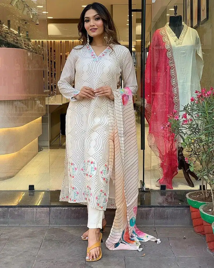 DC G21 White in Maslin Digital Print Salwar Suit . Wedding, Party, Festive, Events, Introductory Price ₹1699. Delivery 4-6 Working Days. Shop now. | Casual Suits, Jump Suits, Creative suits, Designer Suits, Palazzo Suits, Party Wear Suits, Patiala Suits, Salwar suit, Straight Suits