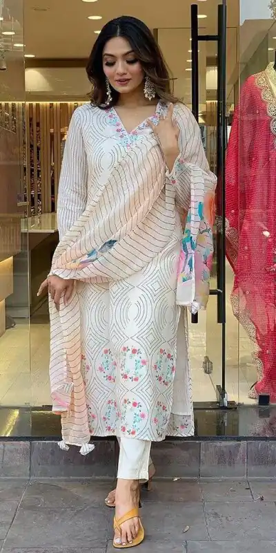 DC G21 White in Maslin Digital Print Salwar Suit . Wedding, Party, Festive, Events, Introductory Price ₹1699. Delivery 4-6 Working Days. Shop now. | Casual Suits, Jump Suits, Creative suits, Designer Suits, Palazzo Suits, Party Wear Suits, Patiala Suits, Salwar suit, Straight Suits