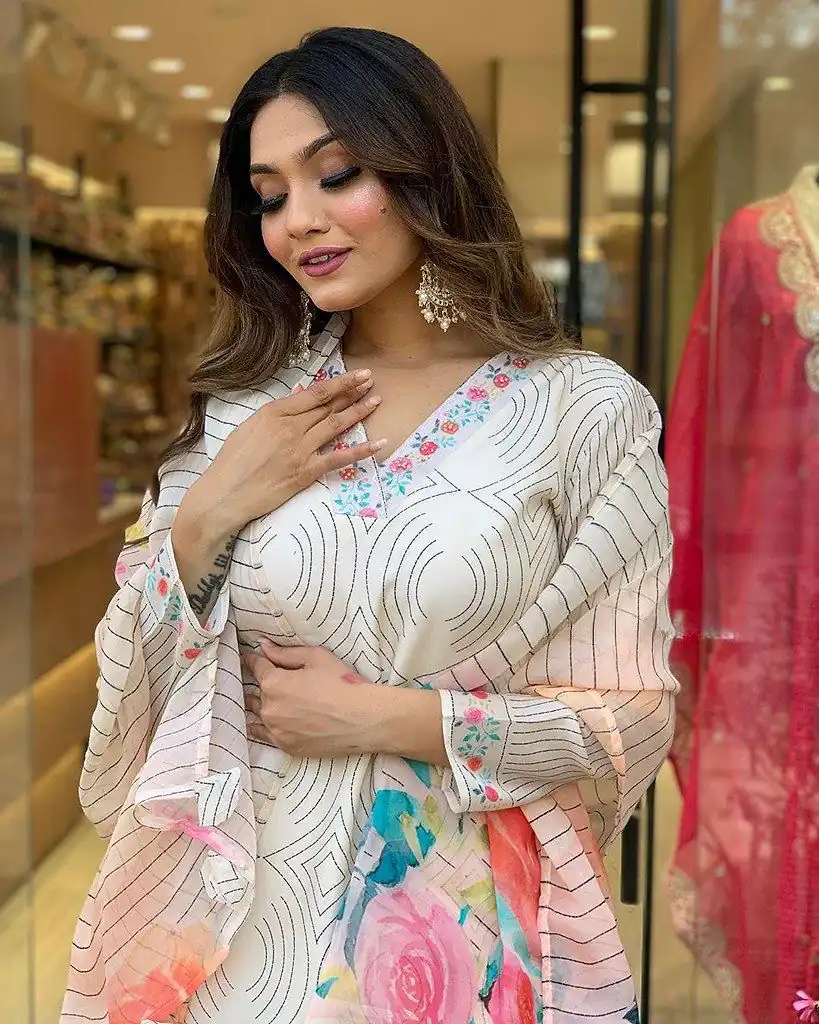 DC G21 White in Maslin Digital Print Salwar Suit . Wedding, Party, Festive, Events, Introductory Price ₹1699. Delivery 4-6 Working Days. Shop now. | Casual Suits, Jump Suits, Creative suits, Designer Suits, Palazzo Suits, Party Wear Suits, Patiala Suits, Salwar suit, Straight Suits