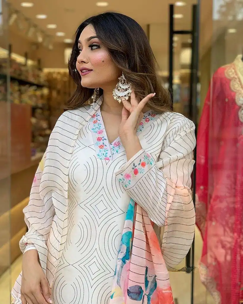 DC G21 White in Maslin Digital Print Salwar Suit . Wedding, Party, Festive, Events, Introductory Price ₹1699. Delivery 4-6 Working Days. Shop now. | Casual Suits, Jump Suits, Creative suits, Designer Suits, Palazzo Suits, Party Wear Suits, Patiala Suits, Salwar suit, Straight Suits