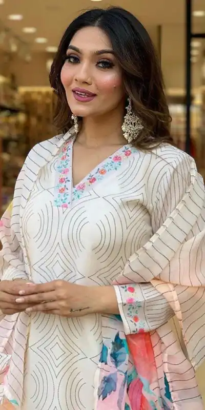 DC G21 White in Maslin Digital Print Salwar Suit . Wedding, Party, Festive, Events, Introductory Price ₹1699. Delivery 4-6 Working Days. Shop now. | Casual Suits, Jump Suits, Creative suits, Designer Suits, Palazzo Suits, Party Wear Suits, Patiala Suits, Salwar suit, Straight Suits