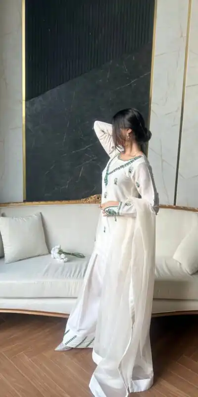 LG 1690 White Natural Crap Salwar Suit with Embroidery Work & Mirror Work. Special Price ₹1799. Delivery 4-6 Working Days. Shop now. | Casual Suits, Jump Suits, Tops & Bottoms, Track Suits, Trendy Wear, Creative suits, Designer Suits, Palazzo Suits, Party Wear Suits, Patiala Suits, Salwar suit, Straight Suits