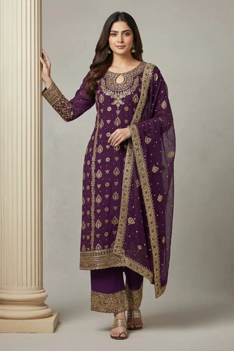 SRK 5231 Wine Color Pure Chinon Silk With Embroidery Sequence Work Salwar Suit Casual, Wedding, Party, Festive, Events Etc.4-6 Working Days@ 2699/-only | Casual Suits, Jump Suits, Creative suits, Designer Suits, Palazzo Suits, Party Wear Suits, Patiala Suits, Salwar suit, Straight Suits
