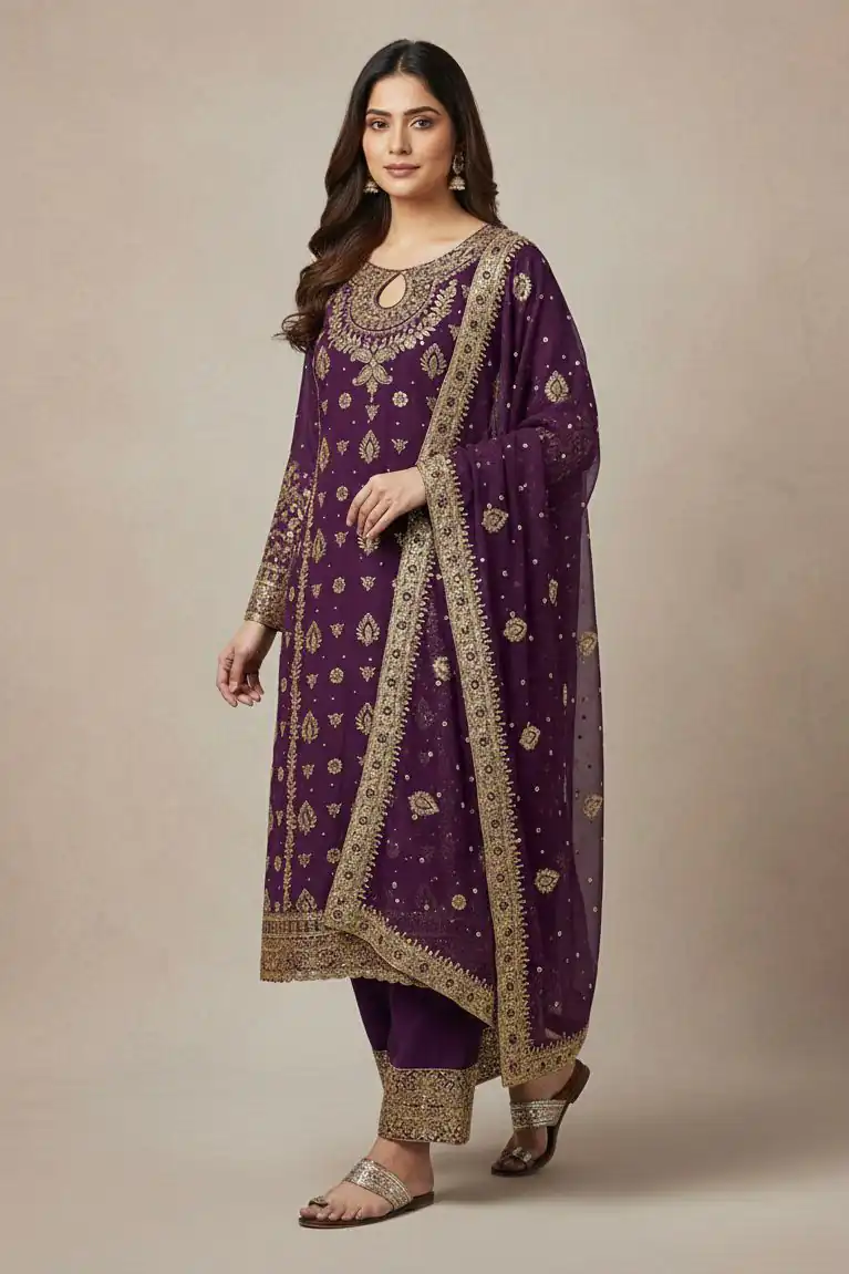 SRK 5231 Wine Color Pure Chinon Silk With Embroidery Sequence Work Salwar Suit Casual, Wedding, Party, Festive, Events Etc.4-6 Working Days@ 2699/-only | Casual Suits, Jump Suits, Creative suits, Designer Suits, Palazzo Suits, Party Wear Suits, Patiala Suits, Salwar suit, Straight Suits