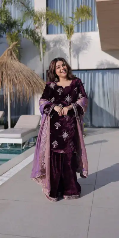 KA 1220 Wine Ice Velvet Salwar Suit with Embroidery Work & Zari Work. Exclusive Offer ₹2499. Delivery 4-6 Working Days. Shop now. | Casual Suits, Jump Suits, Creative suits, Designer Suits, Palazzo Suits, Party Wear Suits, Patiala Suits, Salwar suit, Straight Suits