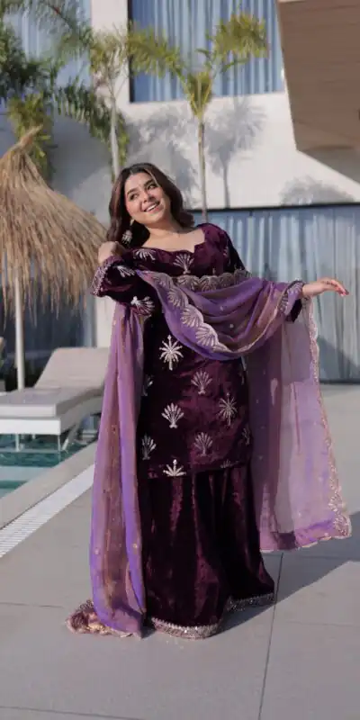 KA 1220 Wine Ice Velvet Salwar Suit with Embroidery Work & Zari Work. Exclusive Offer ₹2499. Delivery 4-6 Working Days. Shop now. | Casual Suits, Jump Suits, Creative suits, Designer Suits, Palazzo Suits, Party Wear Suits, Patiala Suits, Salwar suit, Straight Suits