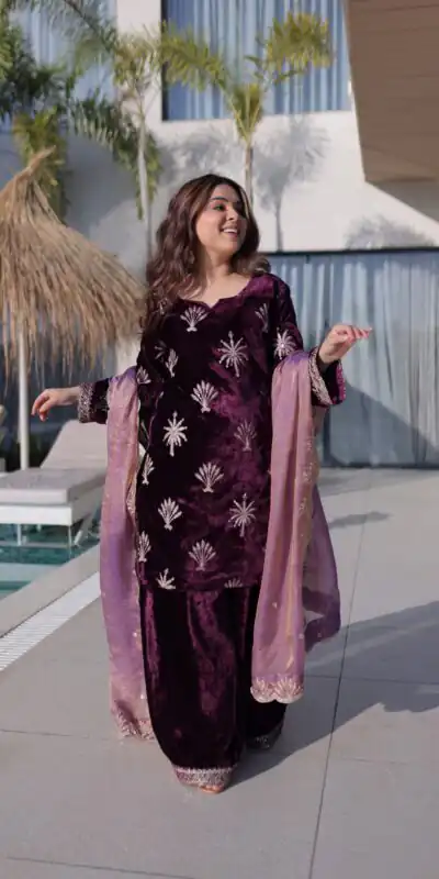 KA 1220 Wine Ice Velvet Salwar Suit with Embroidery Work & Zari Work. Exclusive Offer ₹2499. Delivery 4-6 Working Days. Shop now. | Casual Suits, Jump Suits, Creative suits, Designer Suits, Palazzo Suits, Party Wear Suits, Patiala Suits, Salwar suit, Straight Suits
