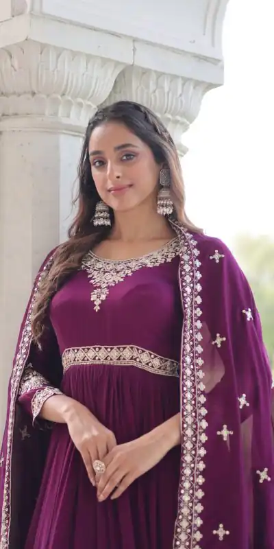 KA 1215 Wine Vichitra Silk Gown Perfect for Wedding, Party, Holi, Anniversary, Mehendi –. Grab it for ₹2449. Delivery 4-6 Working Days. Shop now. | Bollywood Gowns, Creative Gowns, Designer Gowns, Embroidered Gowns, Gowns, Party Wear Gowns