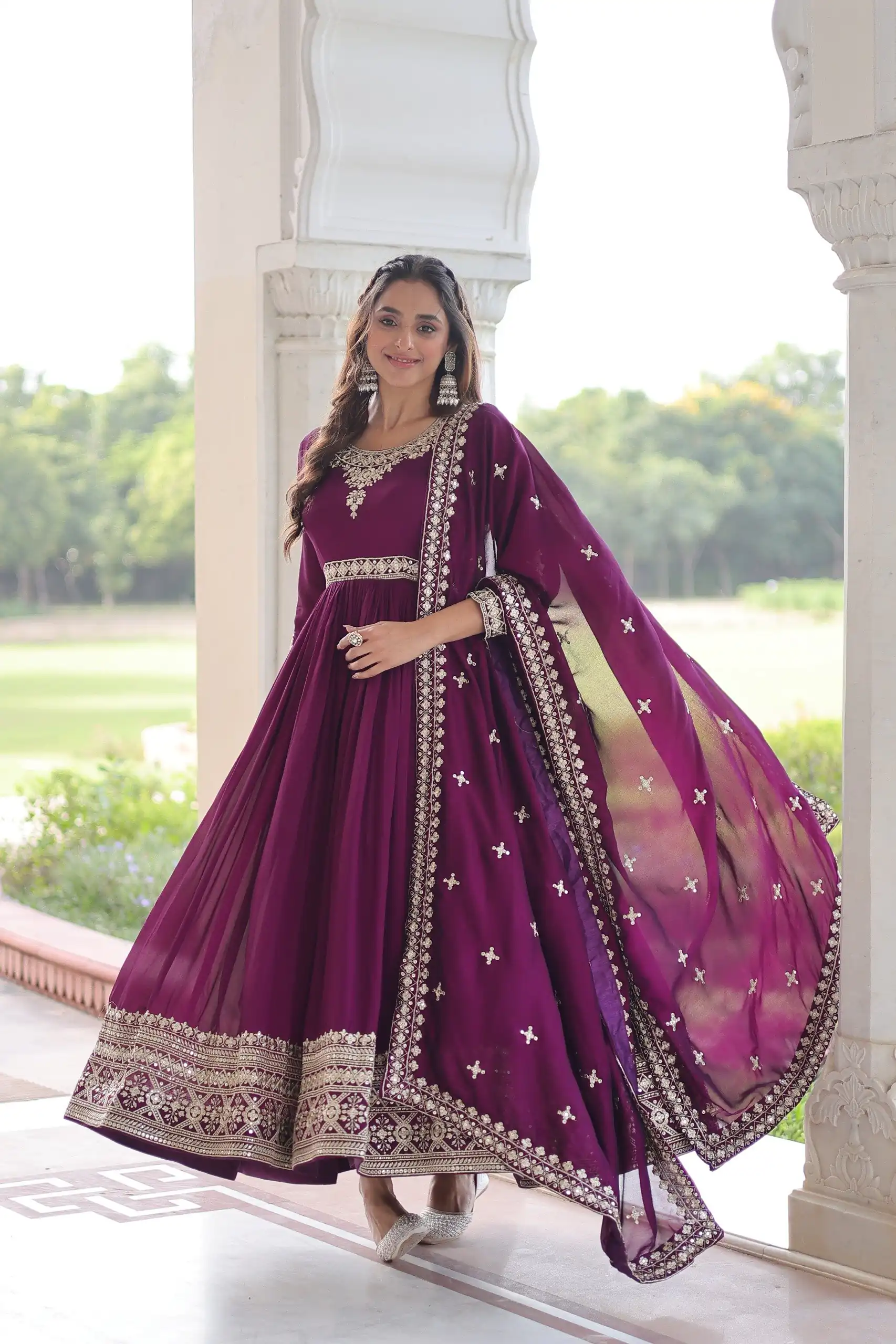 KA 1215 Wine Vichitra Silk Gown Perfect for Wedding, Party, Holi, Anniversary, Mehendi –. Grab it for ₹2449. Delivery 4-6 Working Days. Shop now. | Bollywood Gowns, Creative Gowns, Designer Gowns, Embroidered Gowns, Gowns, Party Wear Gowns
