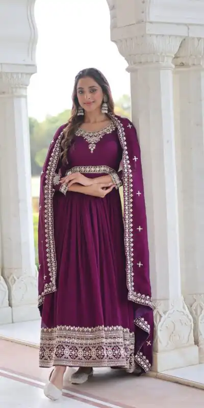 KA 1215 Wine Vichitra Silk Gown Perfect for Wedding, Party, Holi, Anniversary, Mehendi –. Grab it for ₹2449. Delivery 4-6 Working Days. Shop now. | Bollywood Gowns, Creative Gowns, Designer Gowns, Embroidered Gowns, Gowns, Party Wear Gowns