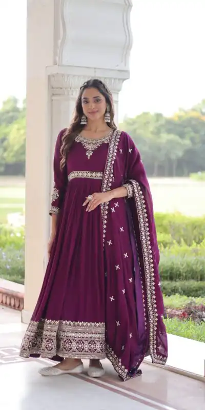 KA 1215 Wine Vichitra Silk Gown Perfect for Wedding, Party, Holi, Anniversary, Mehendi –. Grab it for ₹2449. Delivery 4-6 Working Days. Shop now. | Bollywood Gowns, Creative Gowns, Designer Gowns, Embroidered Gowns, Gowns, Party Wear Gowns