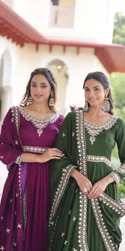 KA 1215 Wine Vichitra Silk Gown Perfect for Wedding, Party, Holi, Anniversary, Mehendi –. Grab it for ₹2449. Delivery 4-6 Working Days. Shop now. | Bollywood Gowns, Creative Gowns, Designer Gowns, Embroidered Gowns, Gowns, Party Wear Gowns