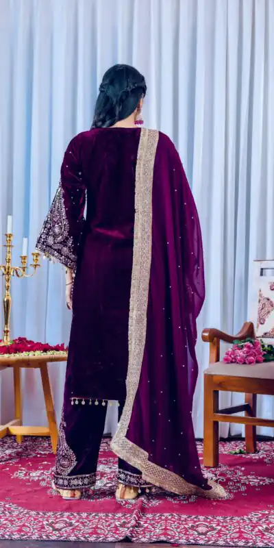 AD 134 Wine Color Heavy Pure Viscose Velvet Embroidery Sharara Suit Wedding, Party, Festive, Events Etc. Expected Delivery  4-6 Working Days @2099/- | Casual Suits, Jump Suits, Creative suits, Designer Suits, Palazzo Suits, Party Wear Suits, Patiala Suits, Salwar suit, Straight Suits