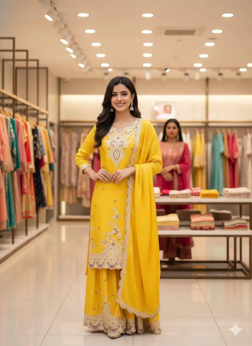 LG 2058 Yellow Chinon Salwar Suit with Embroidery Work. Wedding, Party, Festive, Events, Grab it for ₹2449. Delivery 4-6 Working Days. Shop now. | Casual Suits, Jump Suits, Creative suits, Designer Suits, Palazzo Suits, Party Wear Suits, Patiala Suits, Salwar suit, Straight Suits