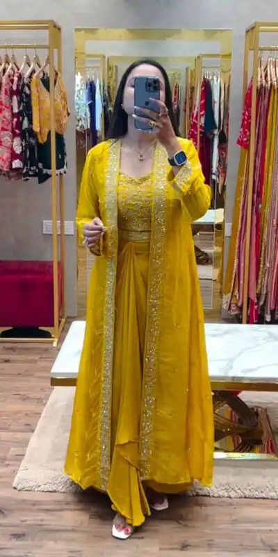 BB 56 Yellow Chinon Silk Dhoti Suit with Embroidery Work & Sequins Work. Grab it for ₹1899. Delivery 4-6 Working Days. Shop now. | Casual Suits, Jump Suits, Creative suits, Designer Suits, Palazzo Suits, Party Wear Suits, Patiala Suits, Salwar suit, Straight Suits