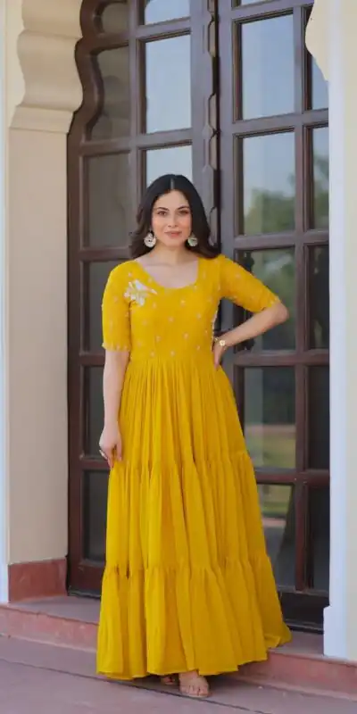 KA 1173 Yellow Faux Blooming Gown Perfect for Wedding, Party, Eid, Pooja, Baisakhi – . Now at just ₹1849. Delivery 4-6 Working Days. Shop now. | Bollywood Gowns, Creative Gowns, Designer Gowns, Embroidered Gowns, Gowns, Party Wear Gowns