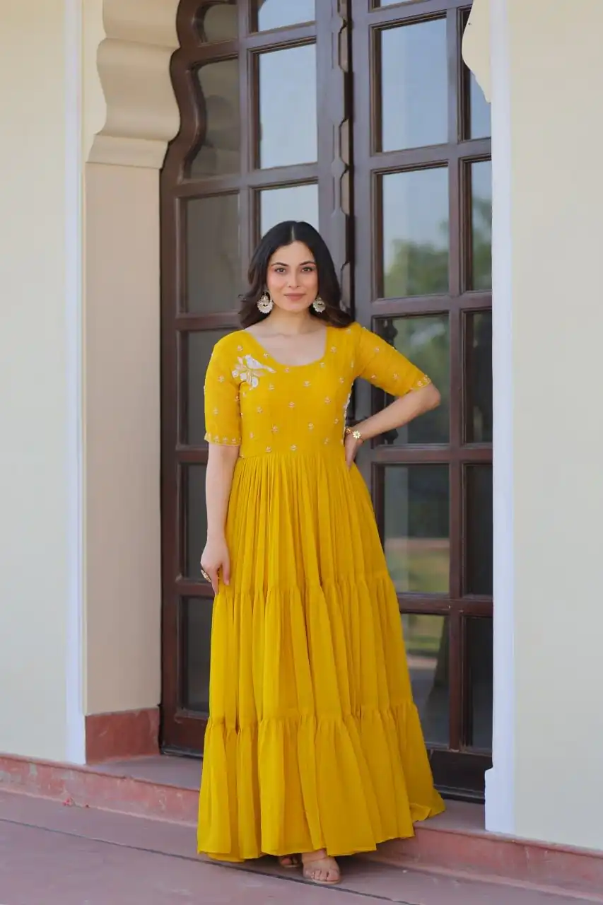 KA 1173 Yellow Faux Blooming Gown Perfect for Wedding, Party, Eid, Pooja, Baisakhi – . Now at just ₹1849. Delivery 4-6 Working Days. Shop now. | Bollywood Gowns, Creative Gowns, Designer Gowns, Embroidered Gowns, Gowns, Party Wear Gowns