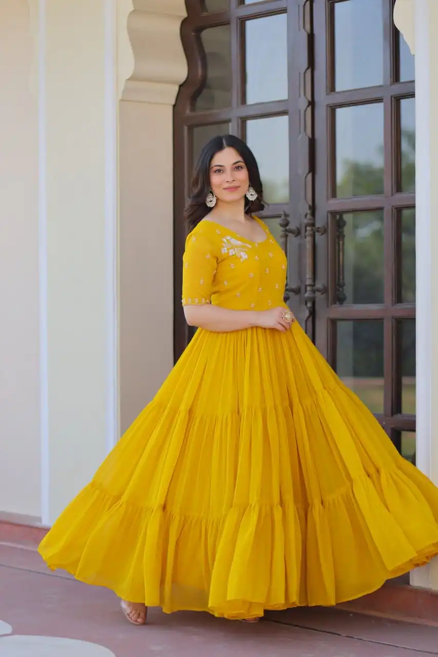 KA 1173 Yellow Faux Blooming Gown Perfect for Wedding, Party, Eid, Pooja, Baisakhi – . Now at just ₹1849. Delivery 4-6 Working Days. Shop now. | Bollywood Gowns, Creative Gowns, Designer Gowns, Embroidered Gowns, Gowns, Party Wear Gowns