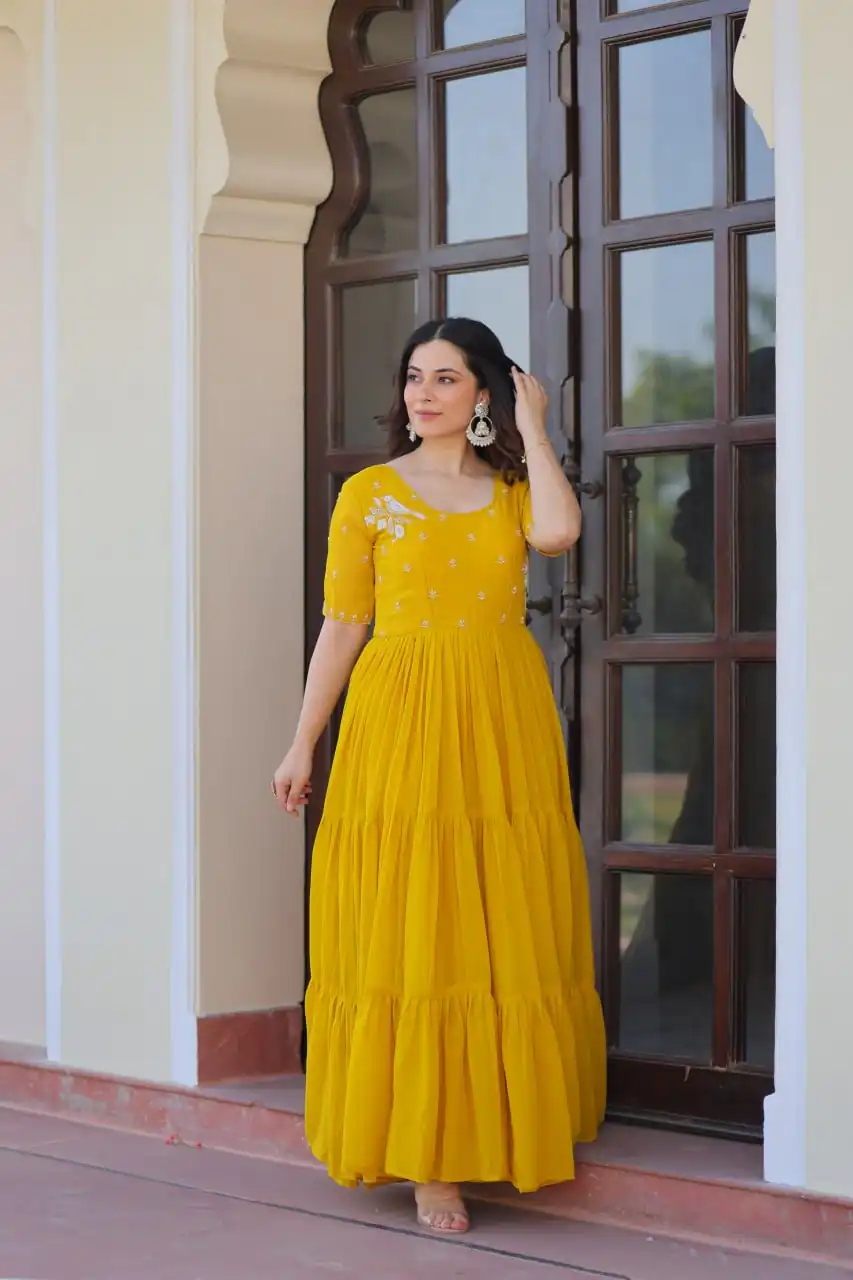 KA 1173 Yellow Faux Blooming Gown Perfect for Wedding, Party, Eid, Pooja, Baisakhi – . Now at just ₹1849. Delivery 4-6 Working Days. Shop now. | Bollywood Gowns, Creative Gowns, Designer Gowns, Embroidered Gowns, Gowns, Party Wear Gowns
